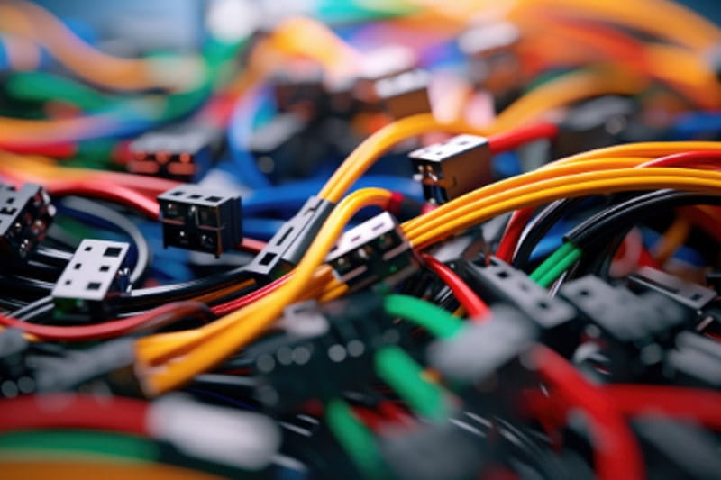 Un enchevêtrement coloré et rapproché de petits fils électriques avec des connecteurs et des bornes en plastique.