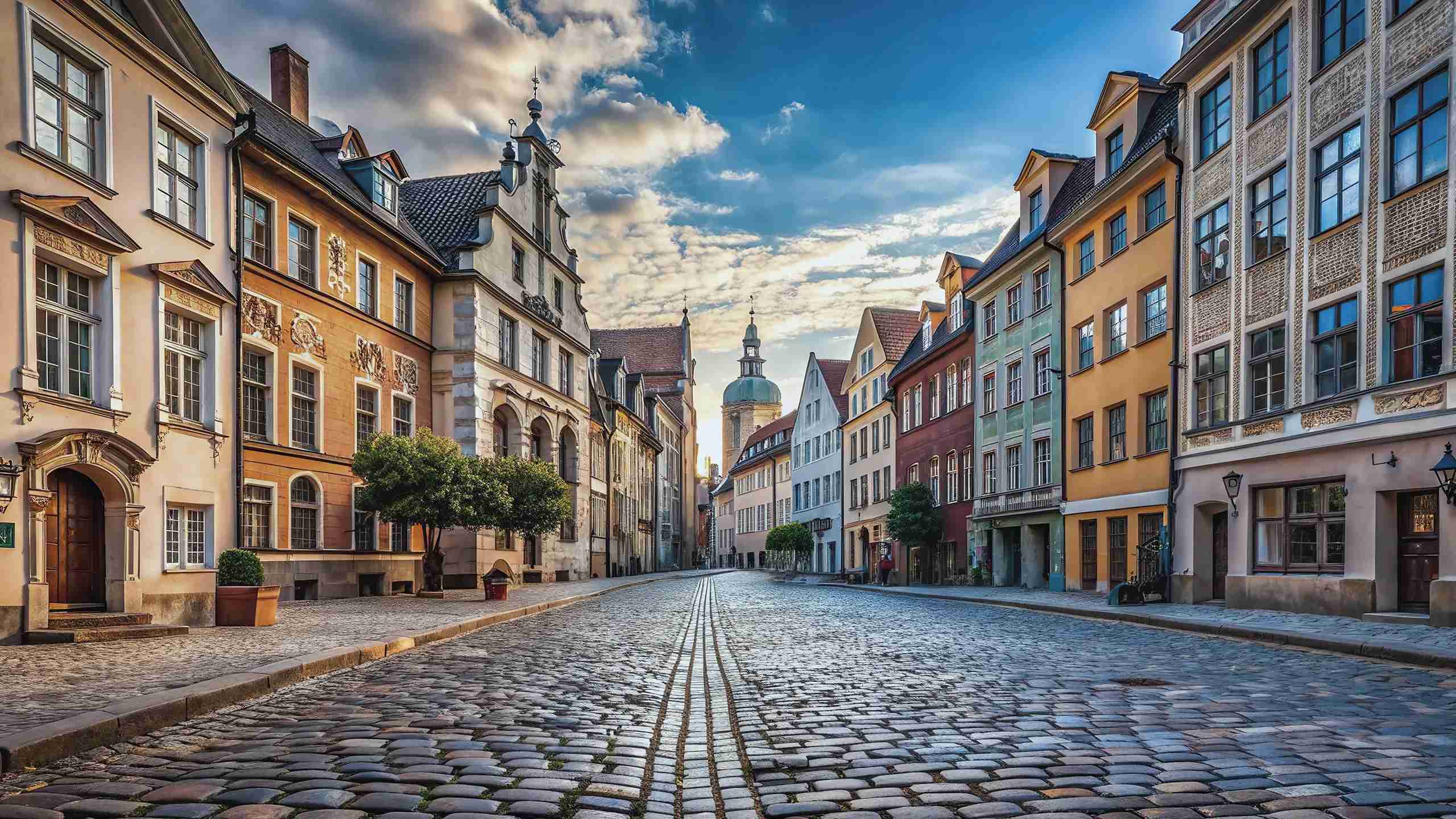 Een geplaveide straat omzoomd met kleurrijke, historische Europese gebouwen onder een blauwe lucht met dramatische wolken.