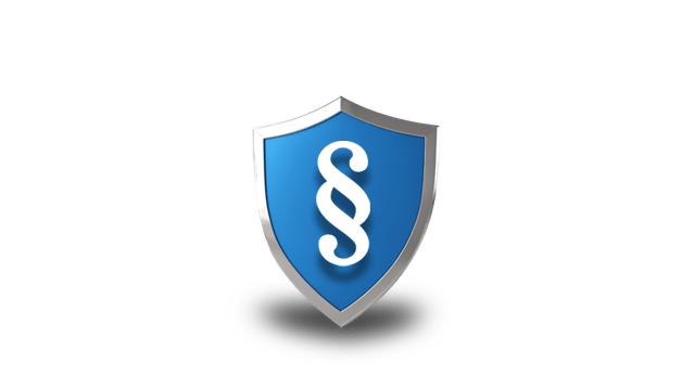 Een blauw en zilveren schildpictogram met een wit sectiesymbool (§) op een zwarte achtergrond.