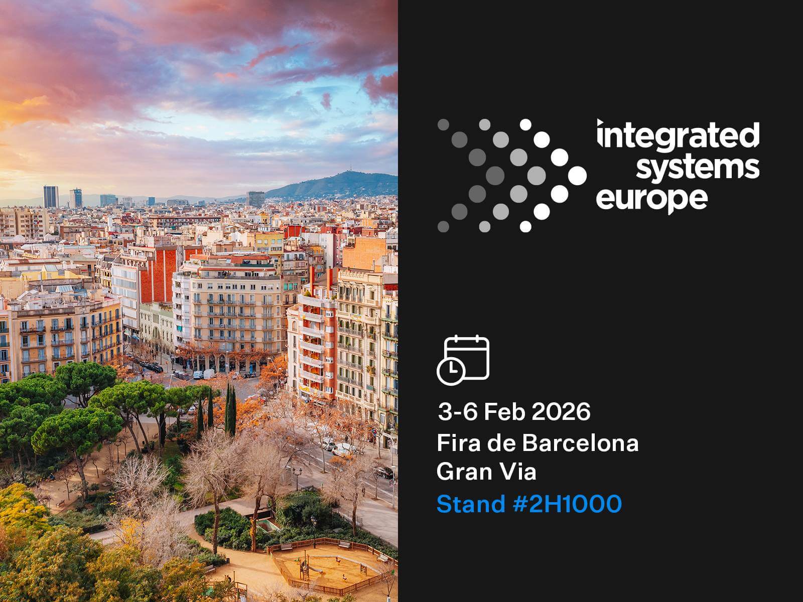 Cityscape of Barcelona with colorful buildings and mountains under a dramatic sunset sky, event details on the right.
