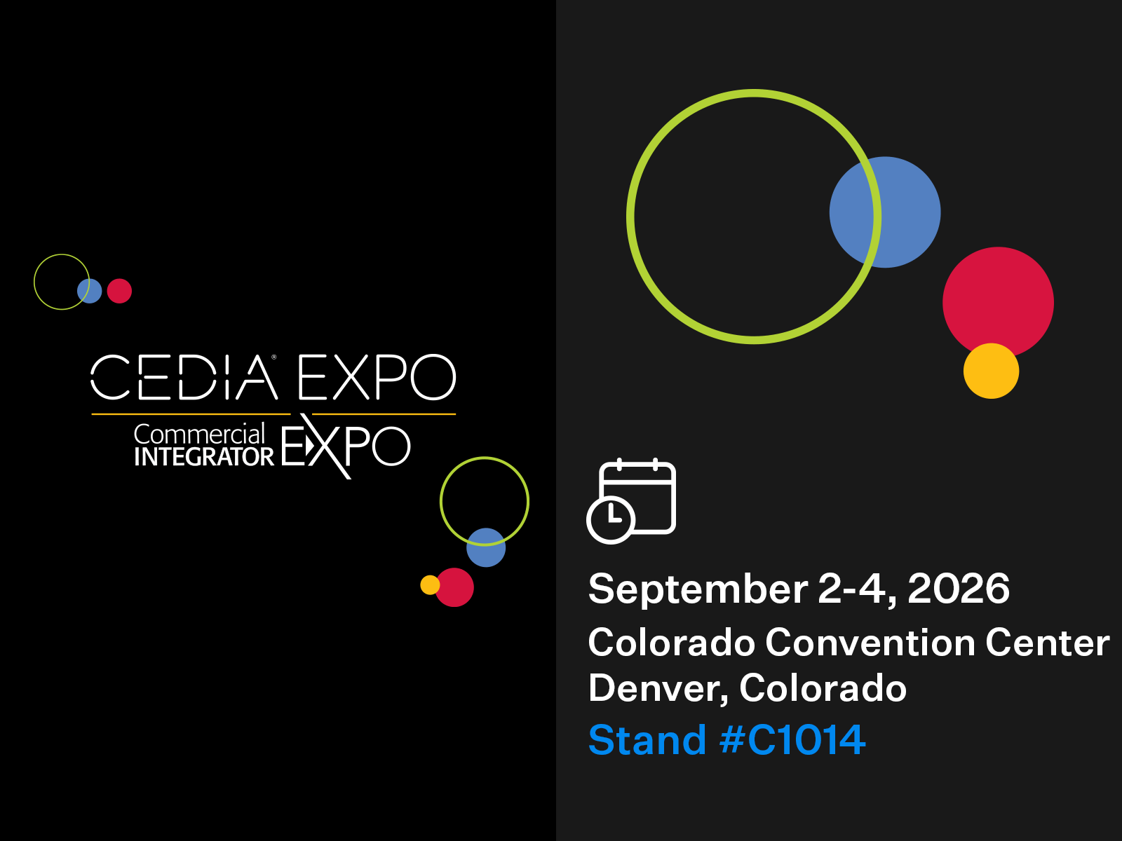Promotional graphic for CEDIA Expo 2026 featuring an access control device, event dates, and Denver location details.