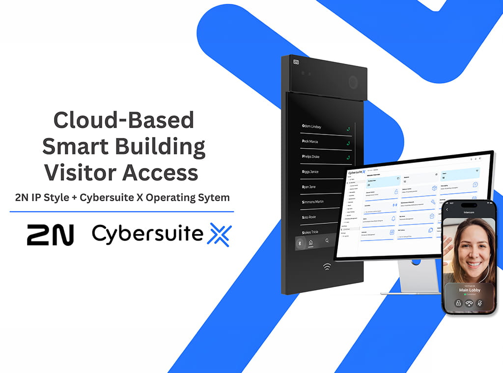 Graphic showing 2N and Cybersuite X with devices displaying cloud-based smart building visitor access features.