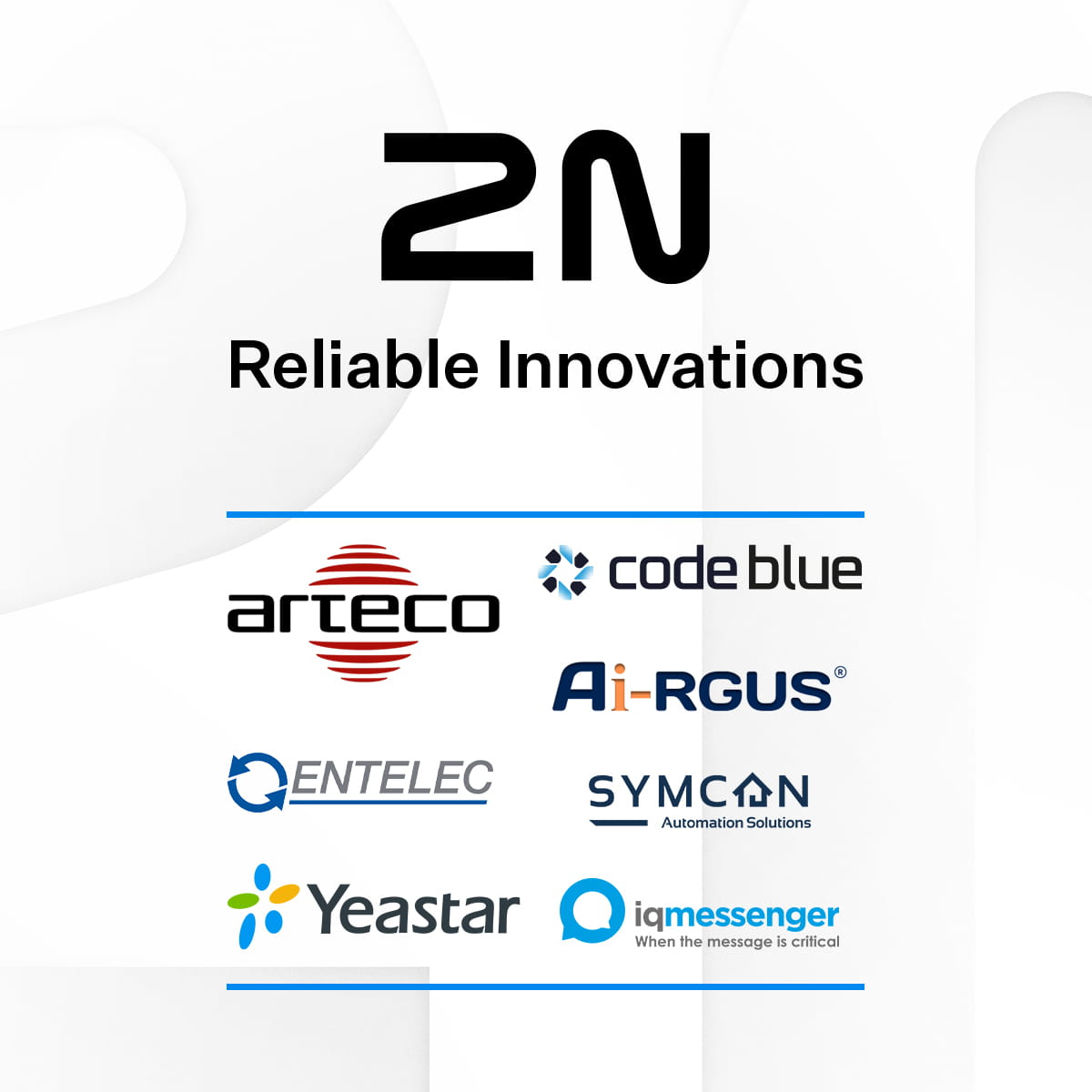 Logotipo de 2N sobre una cuadrícula de logotipos de marcas asociadas, incluidos Arteco, CodeBlue, AxxonSoft y Yeastar, sobre un fondo blanco.