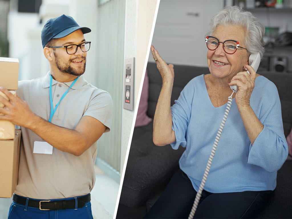 Split image: a delivery man and an elderly woman answering a call on a landline phone.