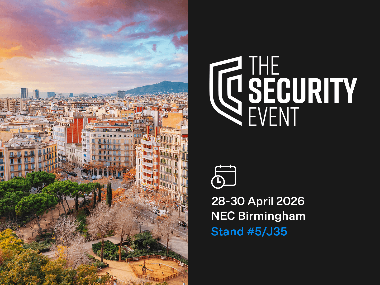 Panoramic view of a cityscape beside a promo panel for The Security Event 2026 in Birmingham. Title (≤50 chars):