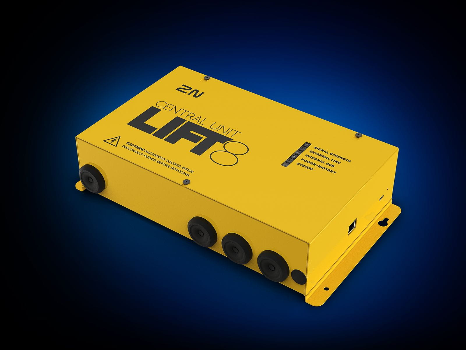 Een gele 2N Lift8-centrale voor noodcommunicatie bij liften op een blauw en zwart achtergrond.