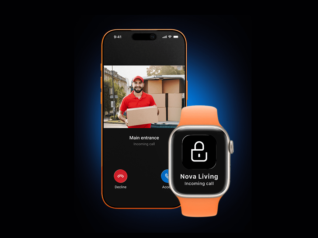 Smartphone a apresentar uma chamada de videoporteiro ao lado de um smartwatch que mostra uma aplicação de fechadura inteligente com controlos de desbloqueio de porta.