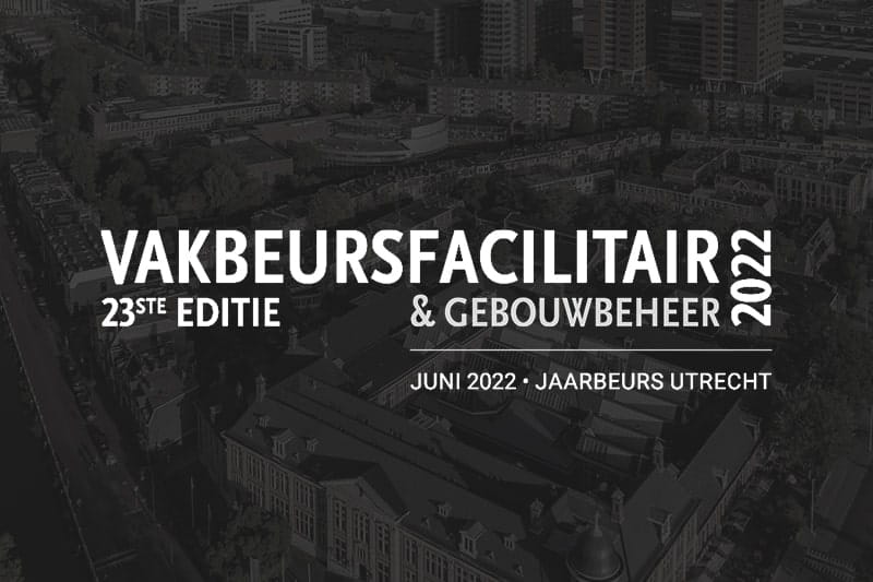 Vakbeurs Facilitair & Gebouwbeheer 2022 evenementgrafiek met stadsgezicht op de achtergrond.