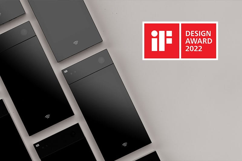 Multiple black smart panels arranged on a light surface with an iF Design Award 2022 badge.