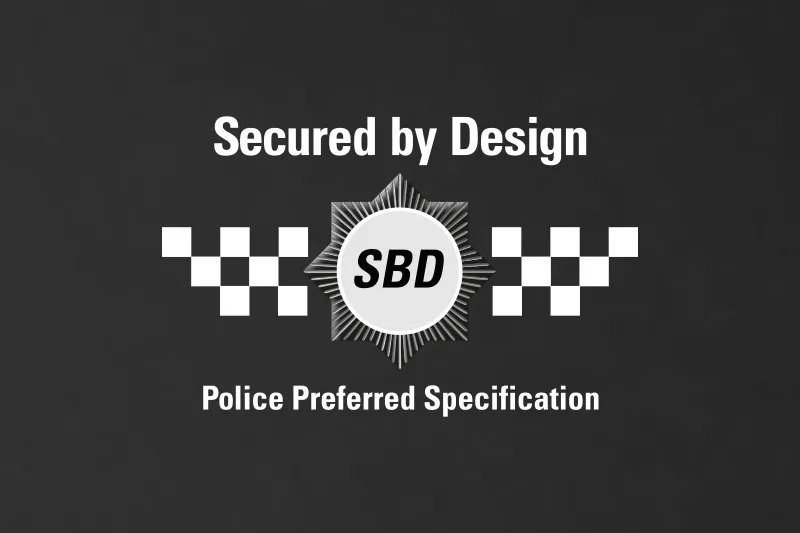 Secured by Design logo with checkered pattern and text stating Police Preferred Specification.