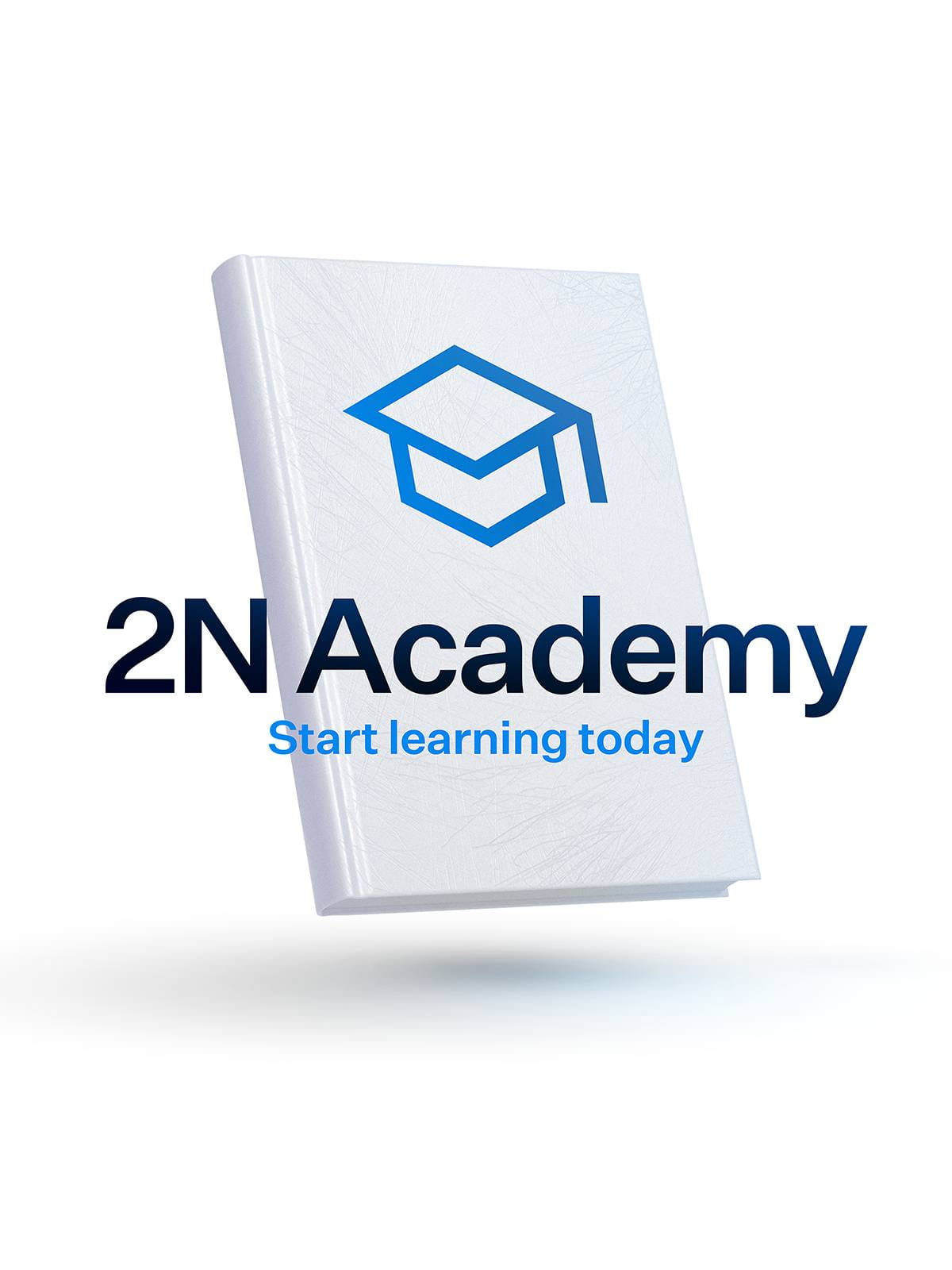 Livre blanc avec une icône de chapeau de diplômé bleu et le texte "2N Academy - Commencez à apprendre aujourd'hui"