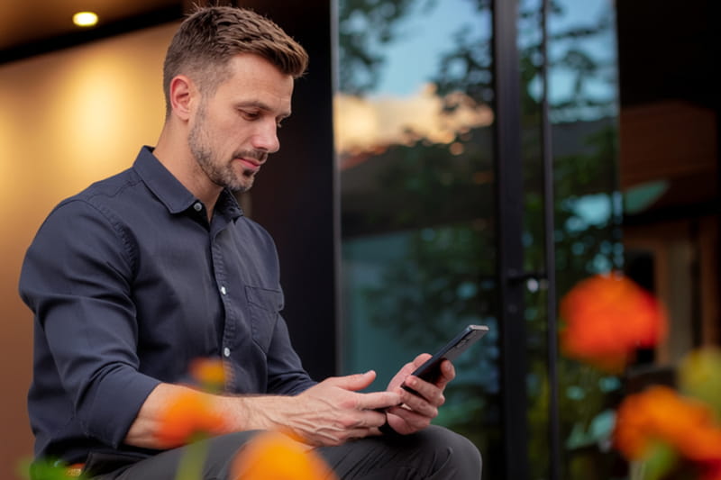 Osoba stojící uvnitř poblíž velkých oken a rostlin, dívající se na smartphone v teplém moderním prostoru.