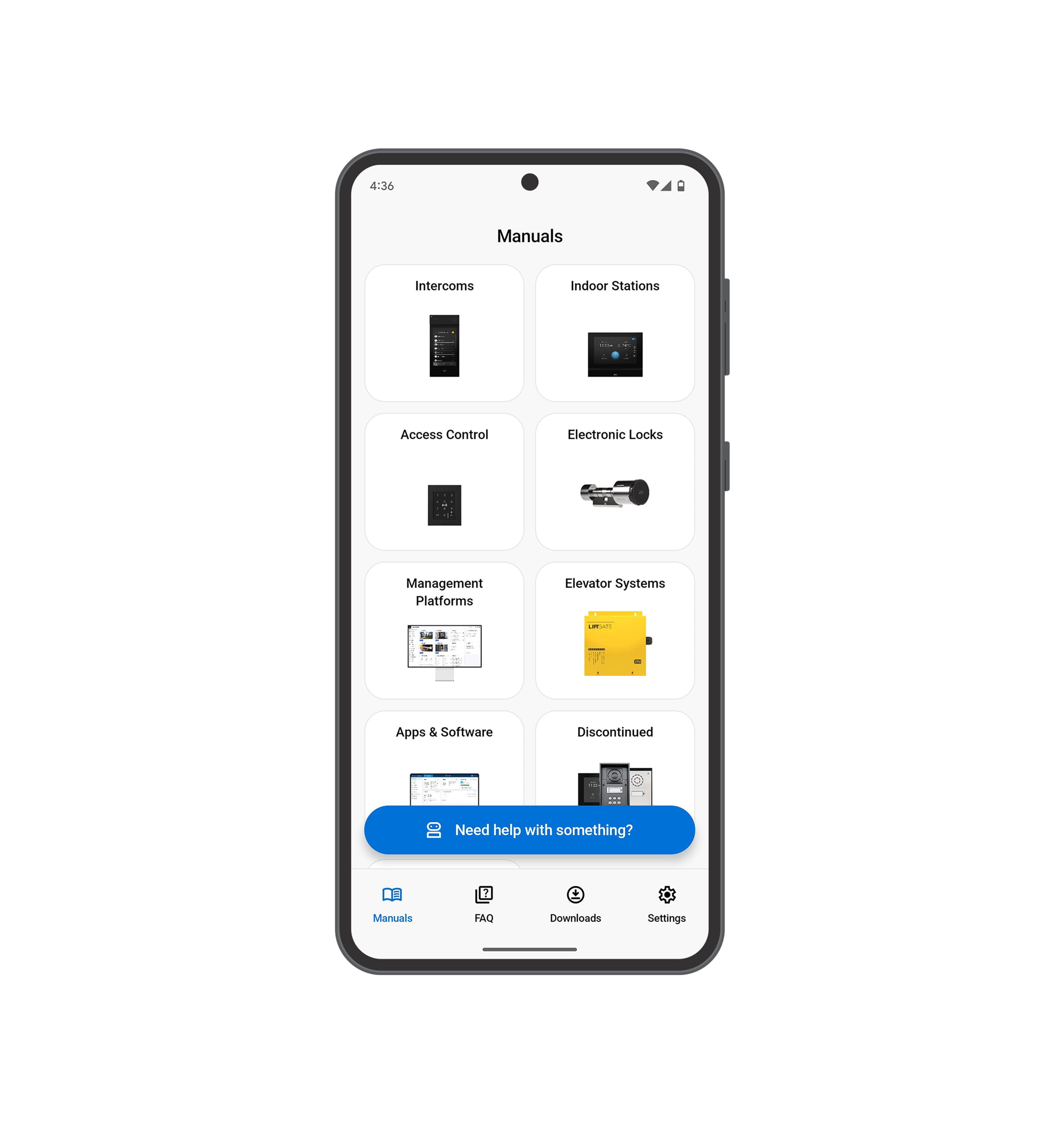 Ekran smartfona wyświetlający menu podręczników z ikonami dla domofonów, kontroli dostępu, systemów drzwiowych i narzędzi programowych.