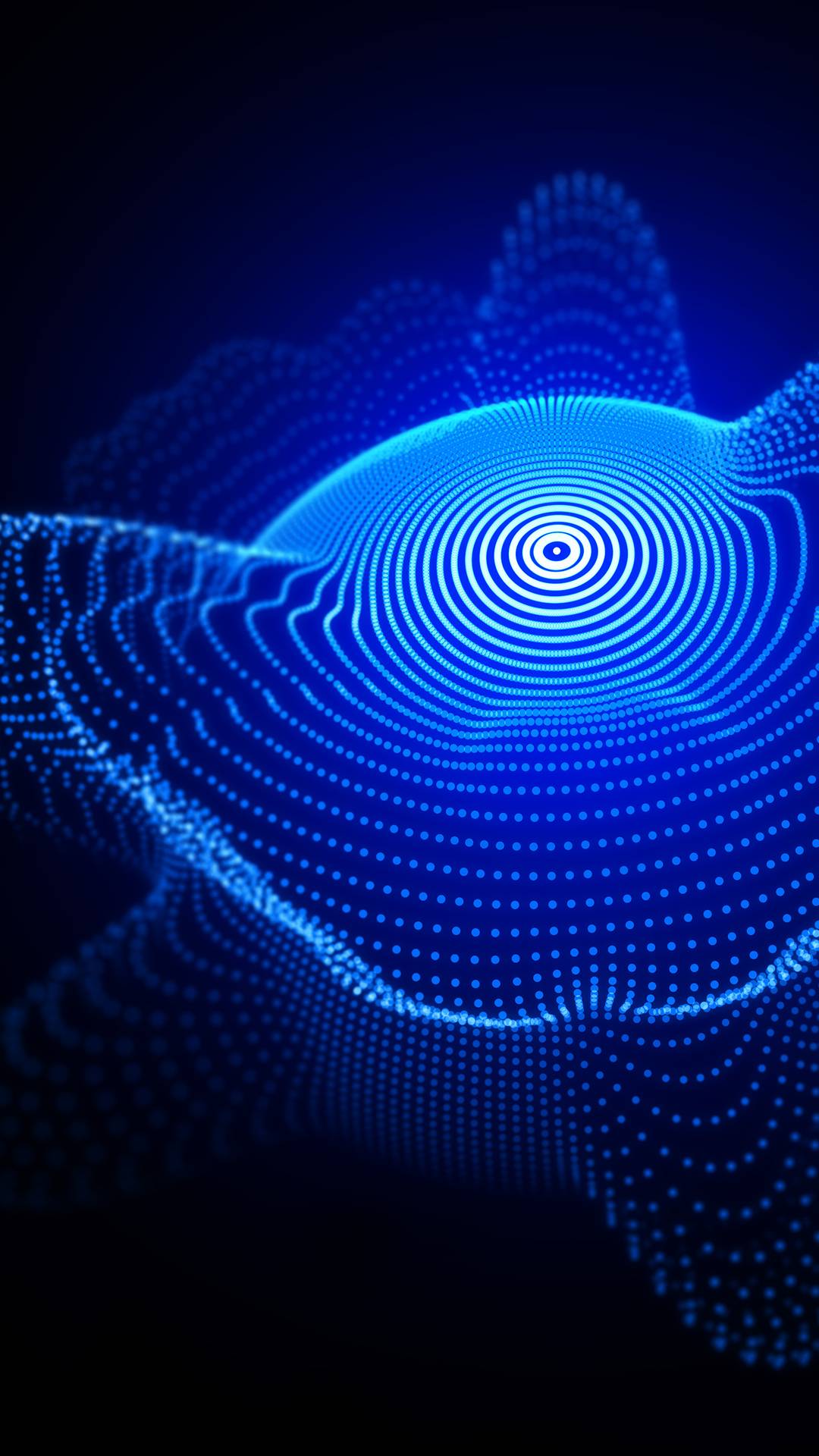 Motivo astratto con onde blu luminose in 3D, fatto di linee concentriche che formano una forma digitale futuristica.