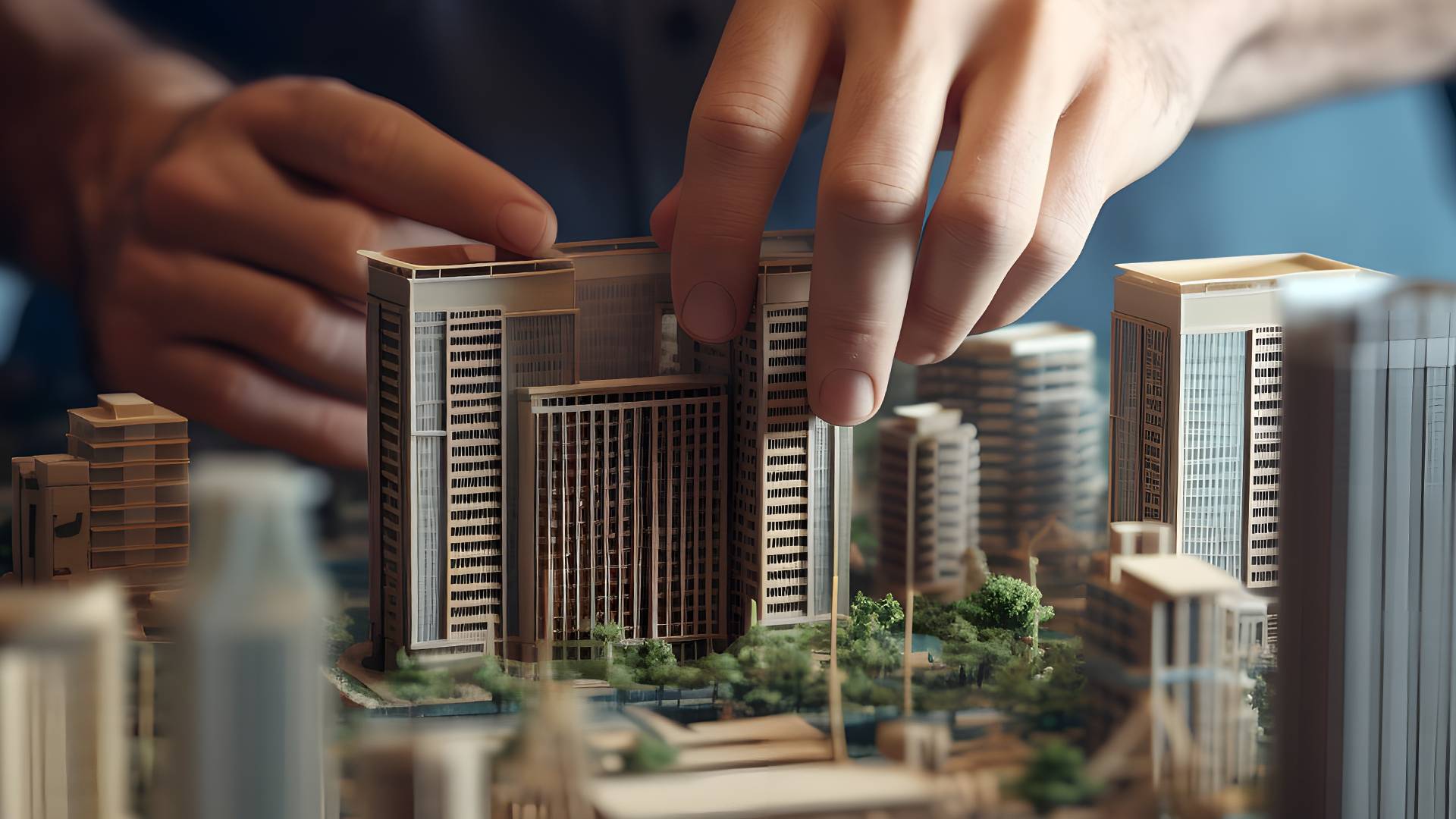 Des mains plaçant un modèle réduit d'un gratte-ciel dans un modèle architectural détaillé de la ville.