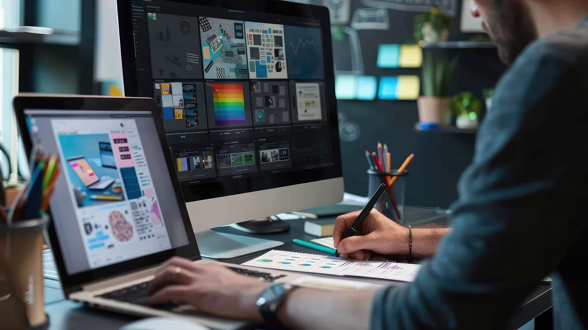 Osoba pracující na grafickém designu pomocí laptopu a stolního monitoru s kreativními nástroji
