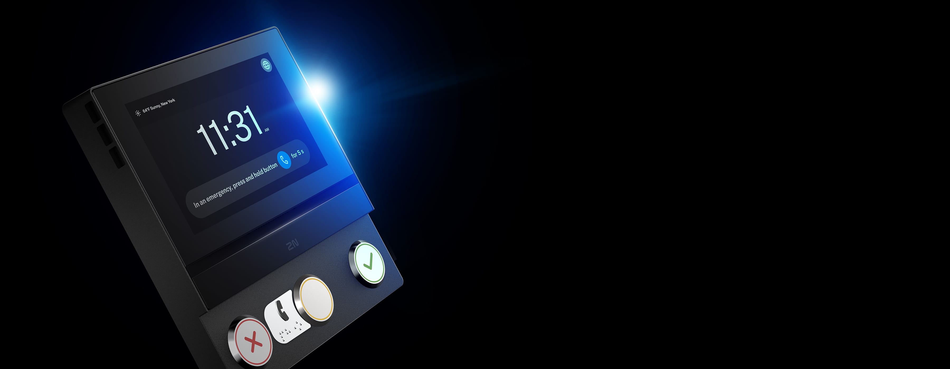 Intercom 2N noir avec écran tactile et trois boutons illuminés sur un fond sombre.