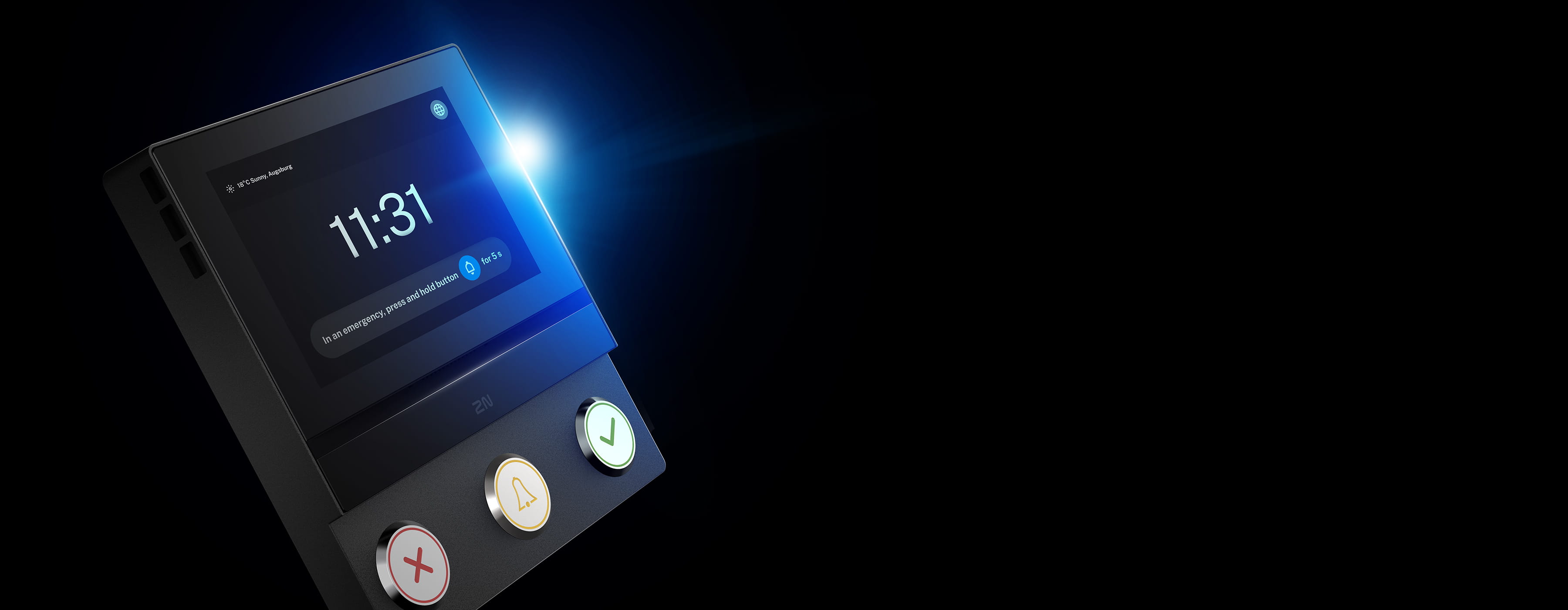 Intercom 2N noir avec écran tactile et boutons illuminés sur un fond sombre.