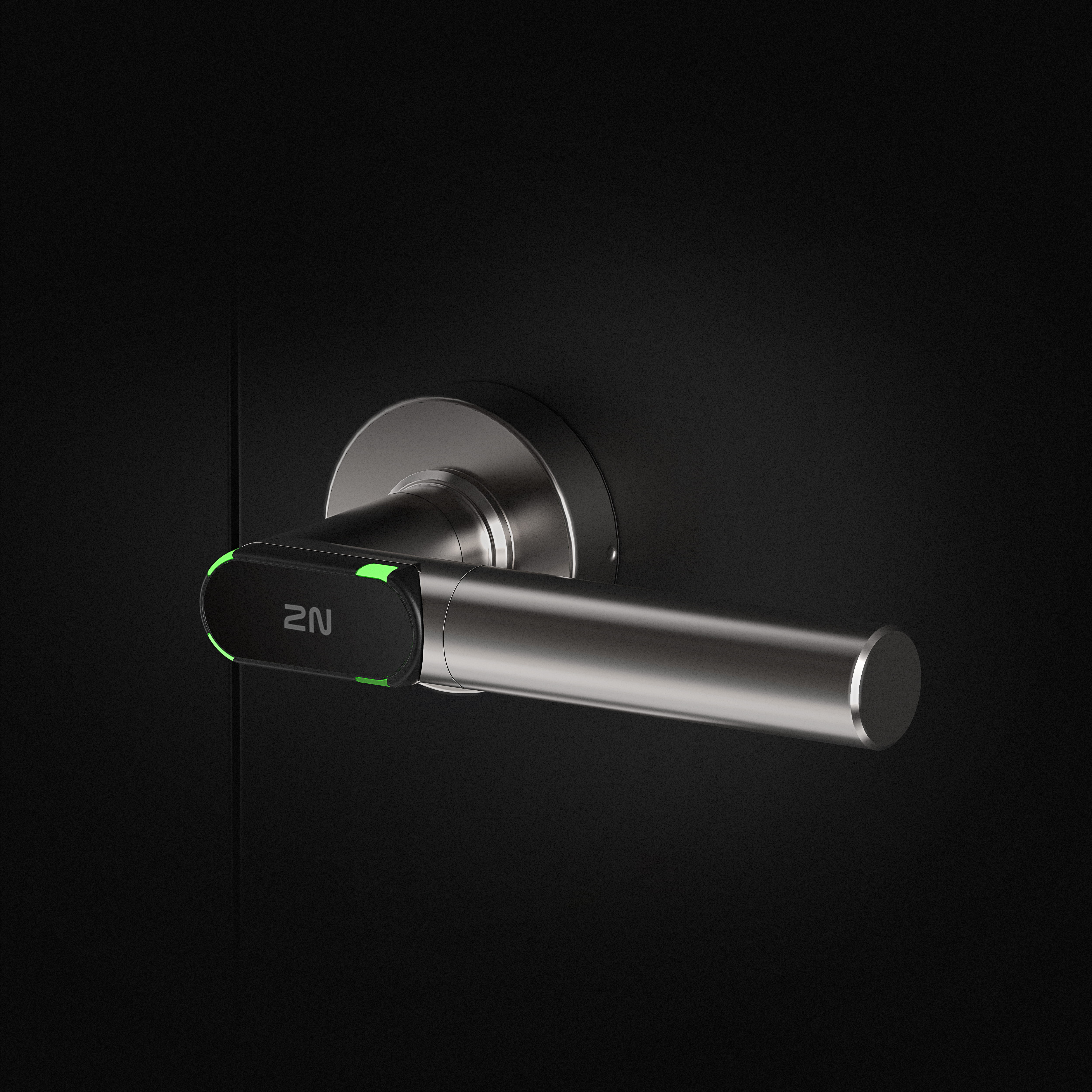Poignée de porte moderne en acier inoxydable avec accès intelligent intégré et indicateur LED vert.