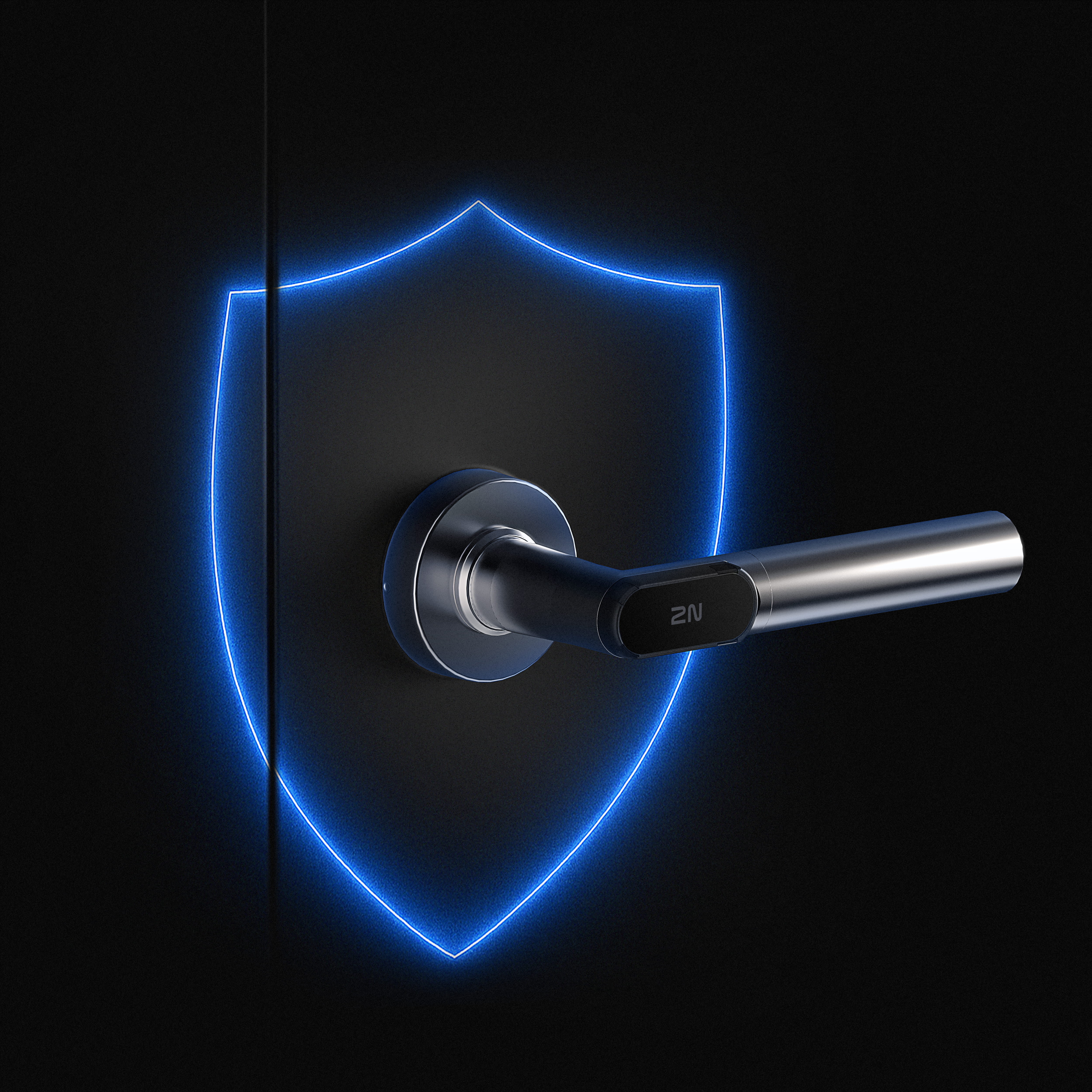 Poignée de porte intelligente avec un symbole bleu lumineux représentant une protection de sécurité avancée.