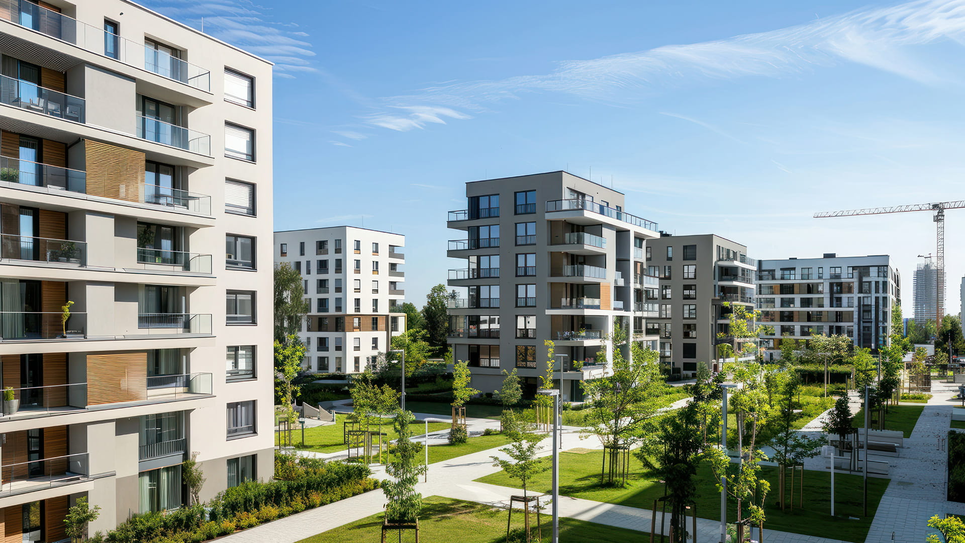 Moderni edifici residenziali con paesaggi verdi e cielo blu chiaro.