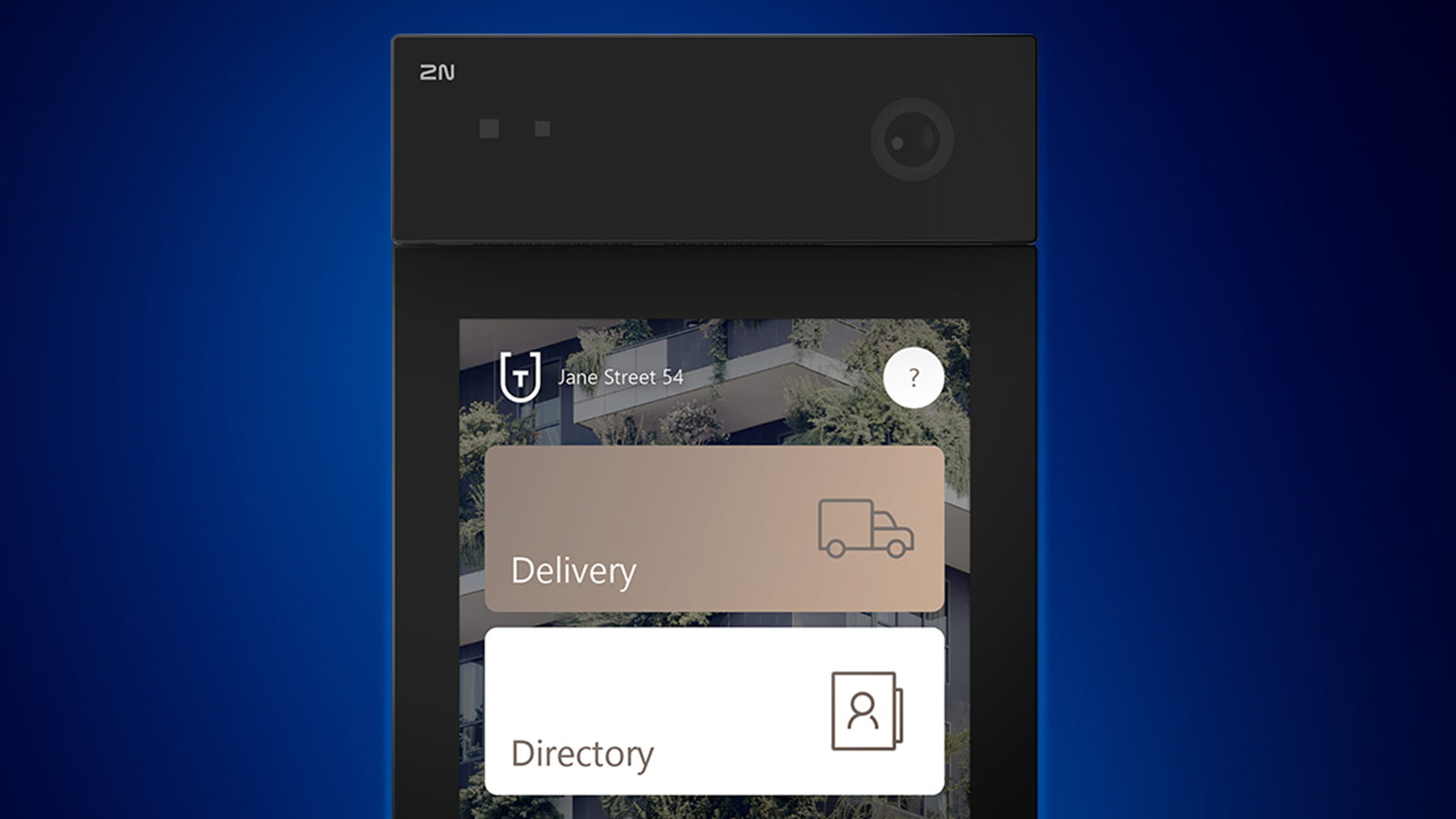 Primo piano di uno schermo intercom intelligente che mostra opzioni di consegna e directory.