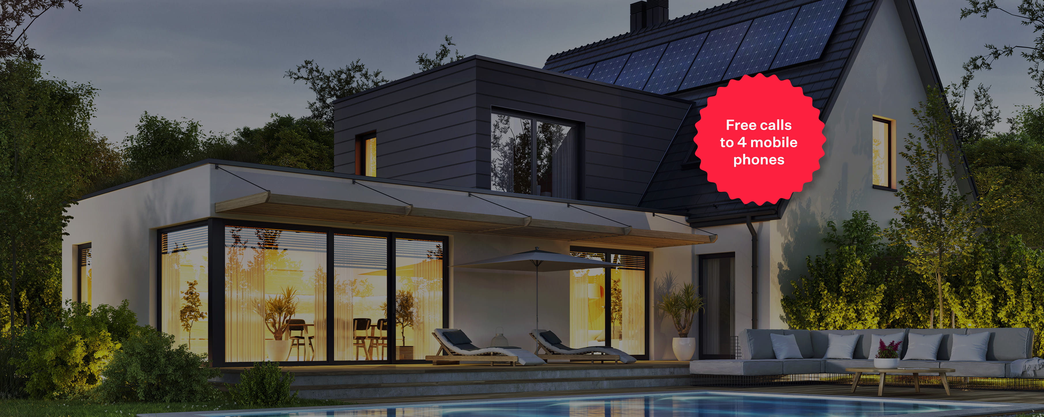 Modern house with large glass windows, solar panels on the roof, and a pool in the backyard at dusk.