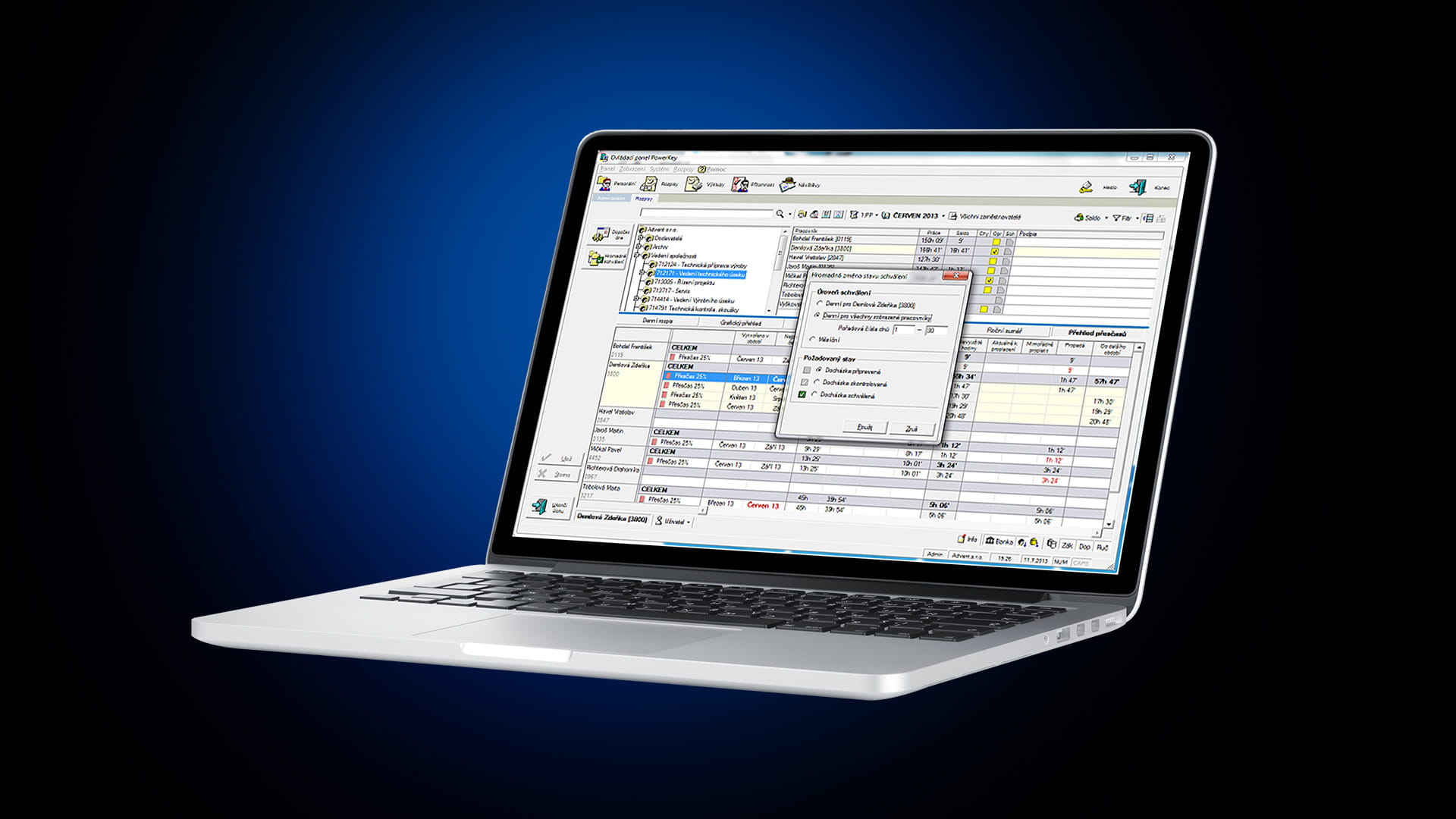 Laptop displaying a complex software interface with multiple tables and a settings dialog on a blue background.