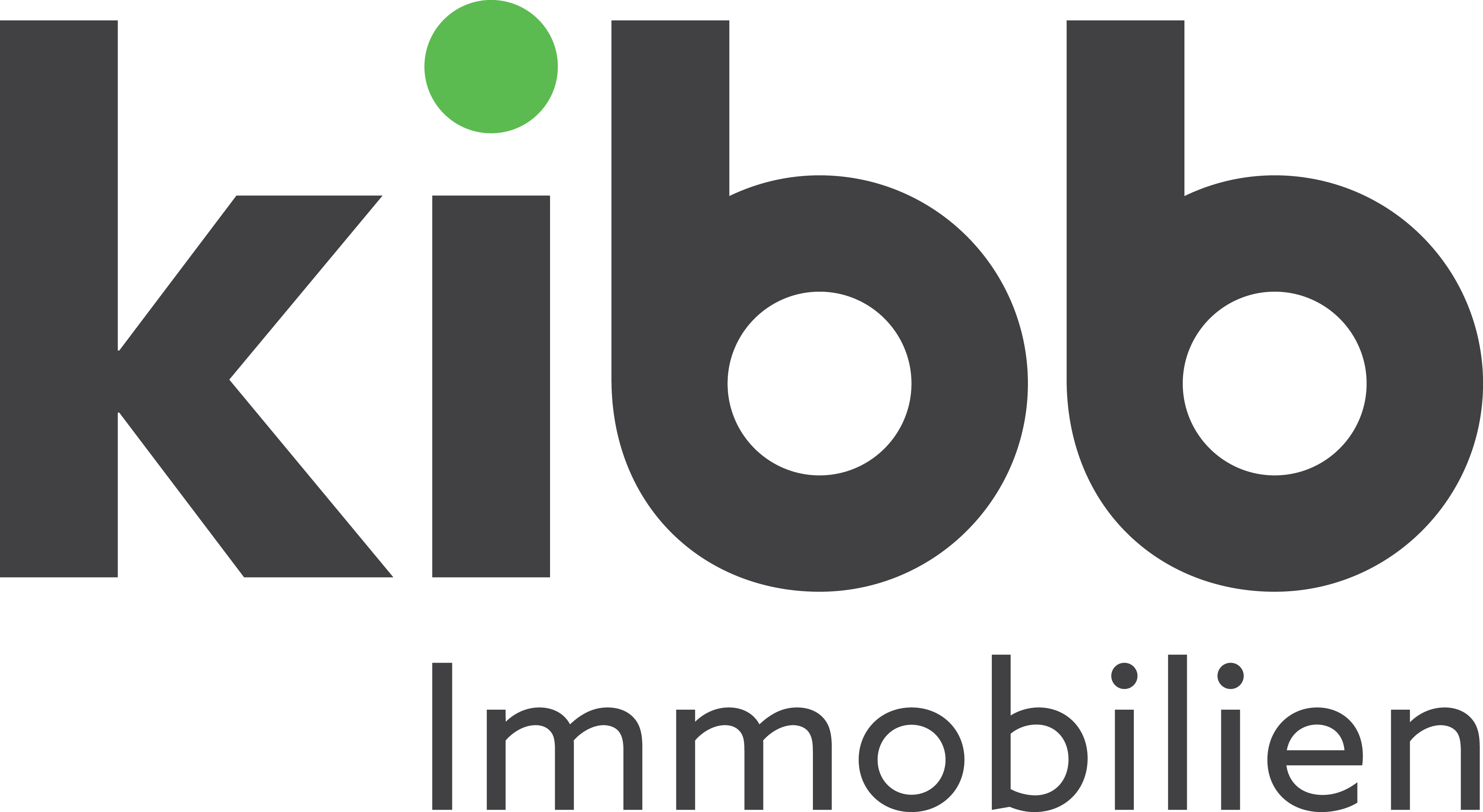 Logo de Kibb Immobilien avec un texte noir bien visible et un point vert au-dessus de la lettre « i ».