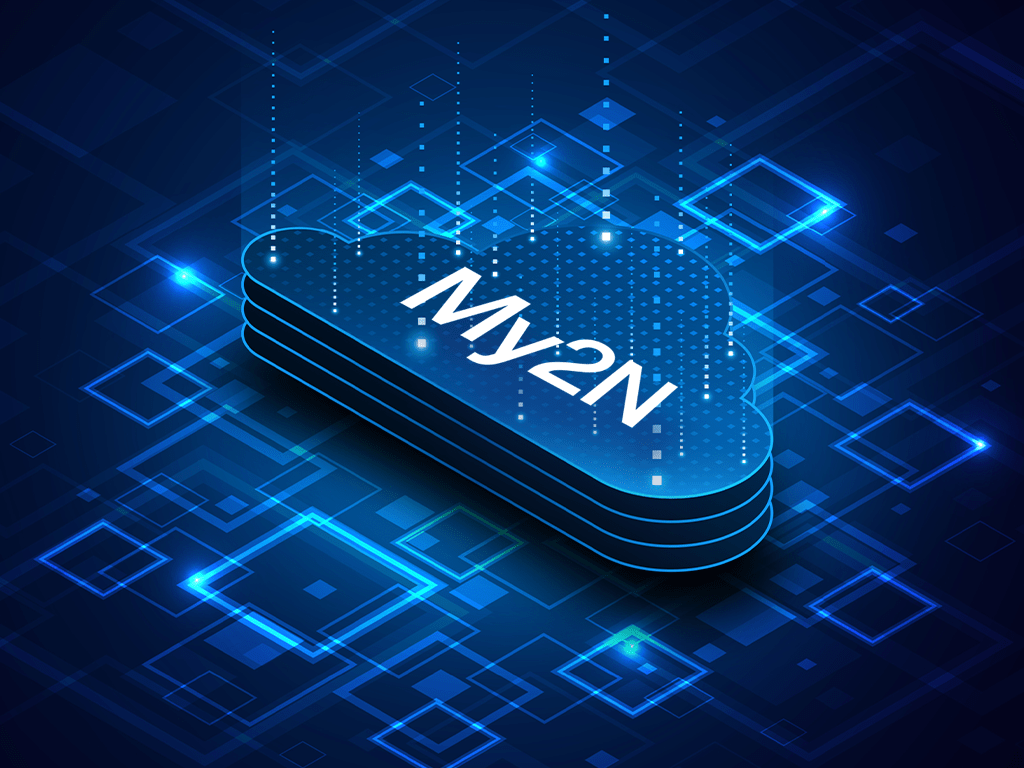 Illustration numérique d'un nuage étiqueté « My2N » entouré d'éléments technologiques bleus lumineux et de circuits.