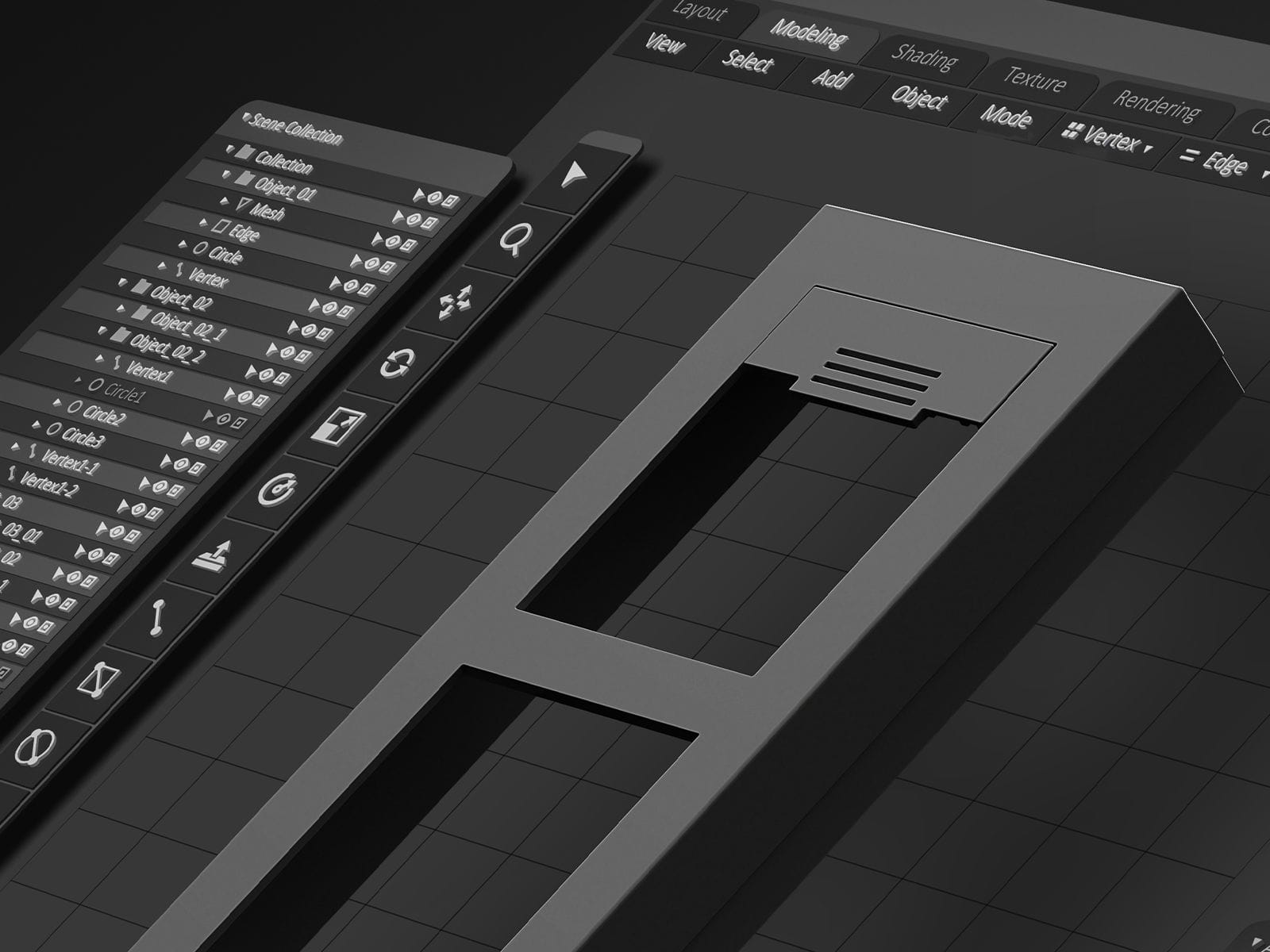 Modèle 3D d'un panneau avant d'interphone dans un logiciel de conception/CAD sur une grille sombre.